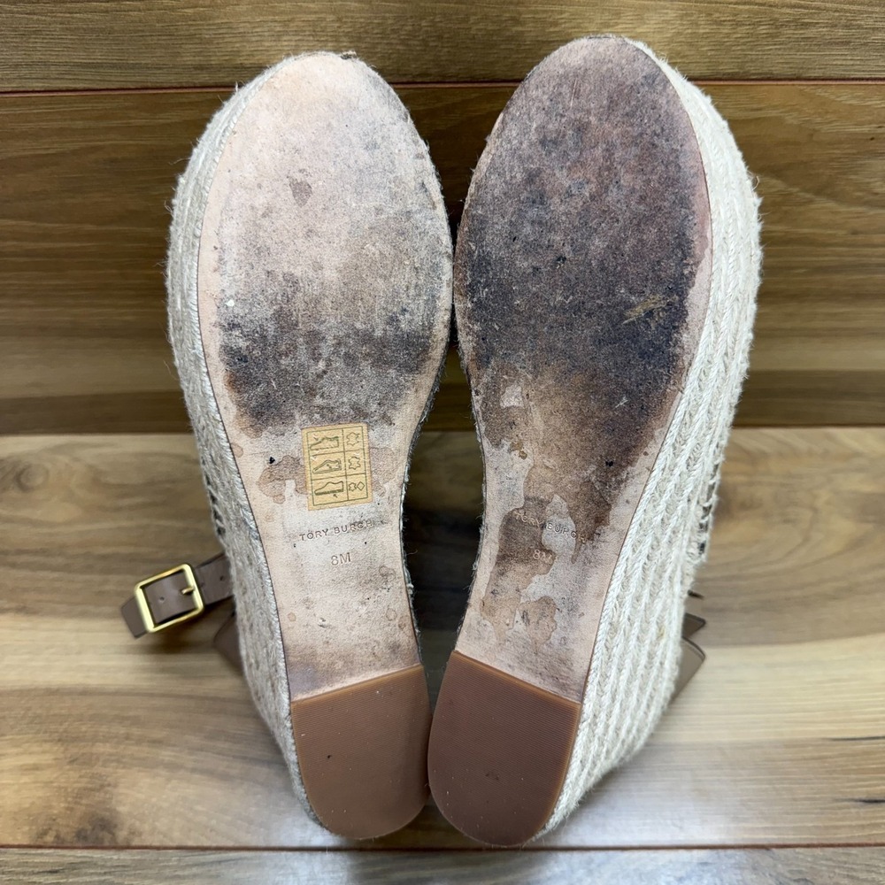 Tory Burch Basketweave Platform Wedge Sandals 8 M Almond Flour Ankle Strap - Picture 9 of 12